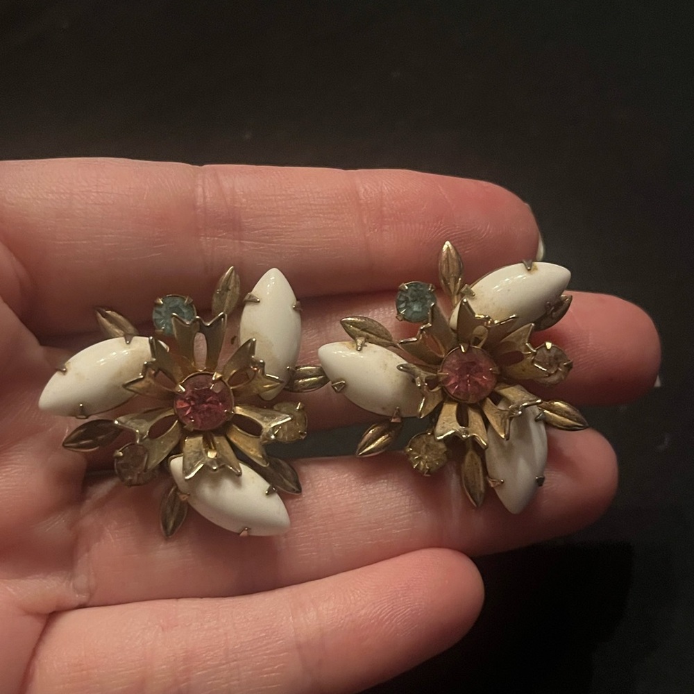 Vintage Floral Clip-On Earrings with Blue and Pink Rhinestones